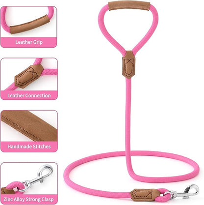Mile High Life Leather Dog Leash, Heavy Duty Strong Genuine Leather Handle Rope Leash Soft and Comfortable for Small Medium Large Dogs (Hot Pink, 72 Inch)