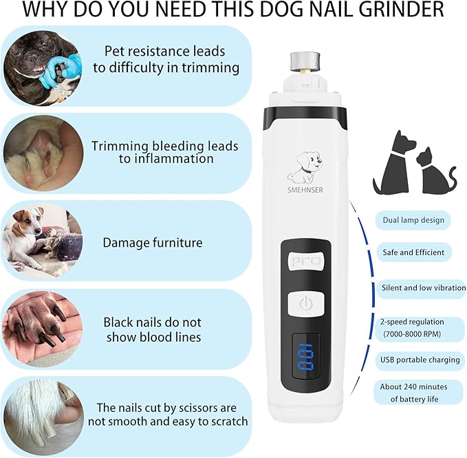 Dog Nail Grinder,Quiet Dog Nail Grinder for Large Medium Small Dogs Paw & Cats Claw, Dual Light USB Rechargeable Electric 2-Speed Pet Toenail Grooming Supplies, Gifts for Cat/Dog Lovers (M2)