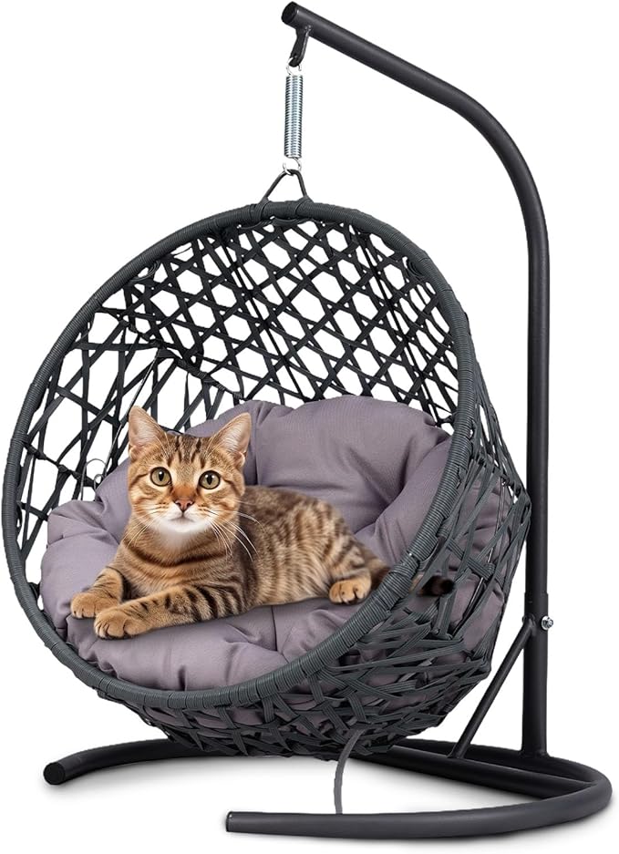 Cat Swing Bed with Stand & Cushion Indoor Outdoor, Cat Egg Chair with Rattan Wicker Appearance, Indoor Hanging Swinging Hammocks Cats Bed for Cat, Dogs, and Small Animals (Gray)