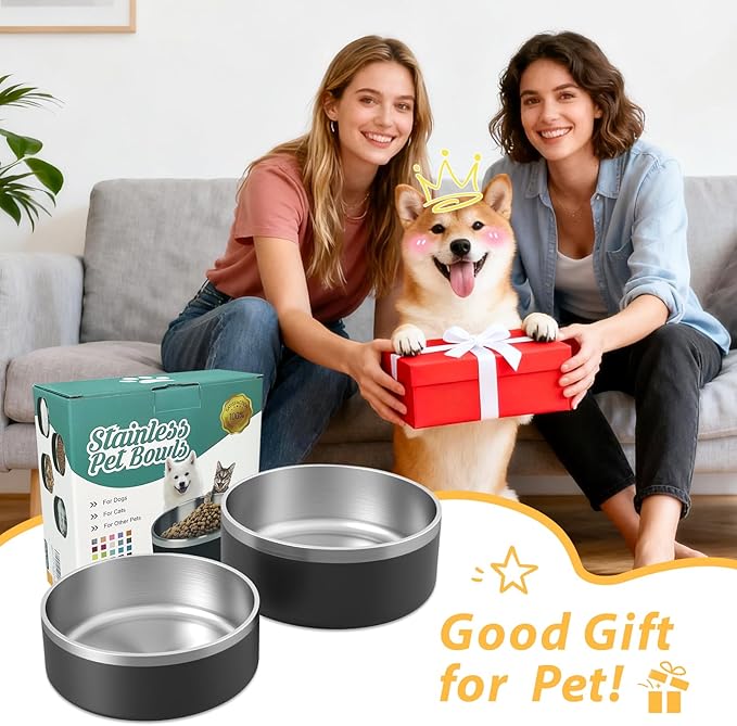 2 Pack Stainless Steel Dog Bowls, Outdoor Dog Water Bowl with Non Slip Rubber Bottom, Dishwasher Safe, Easy to Clean,40oz&64oz Black