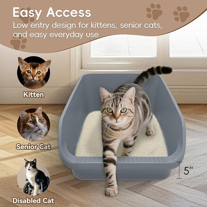 Large Cat Litter Box with High Sides,Durable Open Top Cat Litter Pan for Kitty,Plastic Indoor Big Cat Box with High Wall,Senior Cat Toilet with Low Entry,Easy to Clean,Anti-Splashing(Grey)