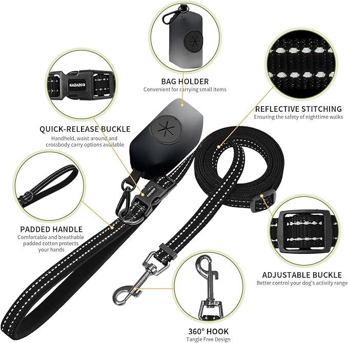 Kazazoo Hands-Free Dog Leash with Poop Bag Holder, Adjustable 4-7 Ft Waist for Dog Walking, Running for Small & Medium Dogs with Reflective Strips, Nylon Waist Belt, Black