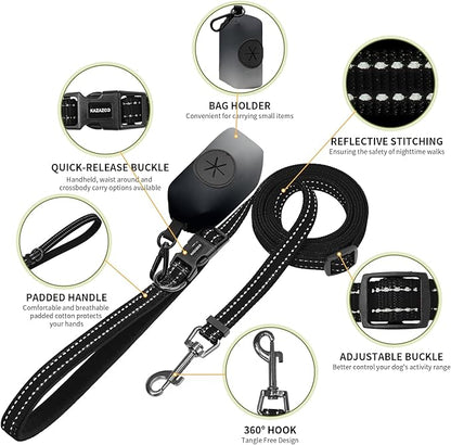Kazazoo Hands-Free Dog Leash with Poop Bag Holder, Adjustable 4-7 Ft Waist for Dog Walking, Running for Small & Medium Dogs with Reflective Strips, Nylon Waist Belt, Black