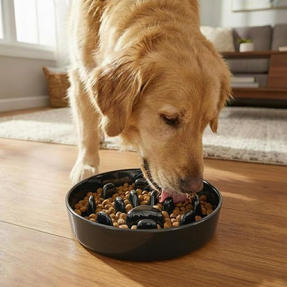 Ceramic 1.5 Cup Slow Feeder Dog Bowl, Slow Feeding Dish for Small & Medium Breeds to Slow Down Eating, Anti-Gulping, Preventing Choking (Black)