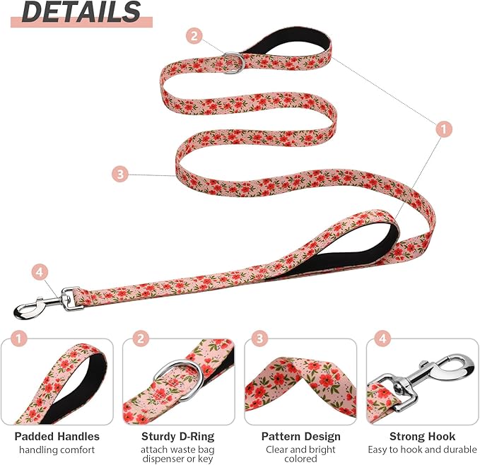 Hikiko 6 Foot Double Handle Dog Leash Cute Girl Padded Traffic Handles for Walking Training (Cream Natural Floral, 6ft)