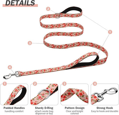 Hikiko 6 Foot Double Handle Dog Leash Cute Girl Padded Traffic Handles for Walking Training (Cream Natural Floral, 6ft)