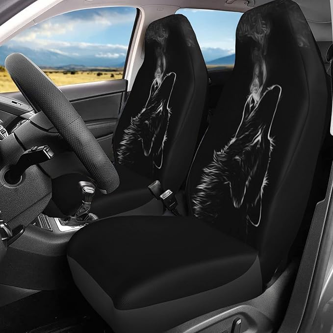 Foruidea Black 3D Wolf Car Seat Covers Universal 2 Pcs Auto Front Seat Cover Fit Most Cars,SUV,Sedan,Trucks