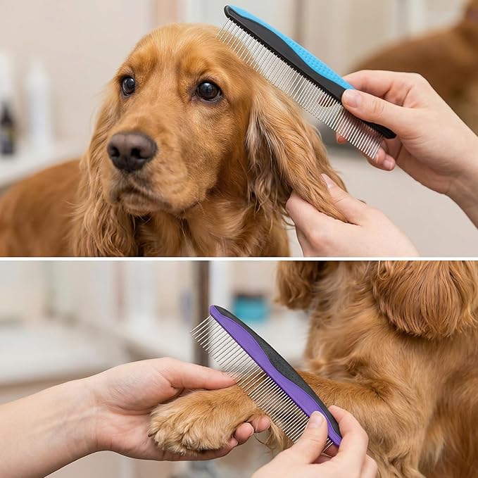 2pcs Dog Comb & Cat Comb for Grooming, Stainless Steel Teeth and Rubber Non-Slip Handle for Removes Loose Undercoat,Knots,Mats,Tangled Hair for Large, Medium, Small Dogs and Cats Purple+Blue