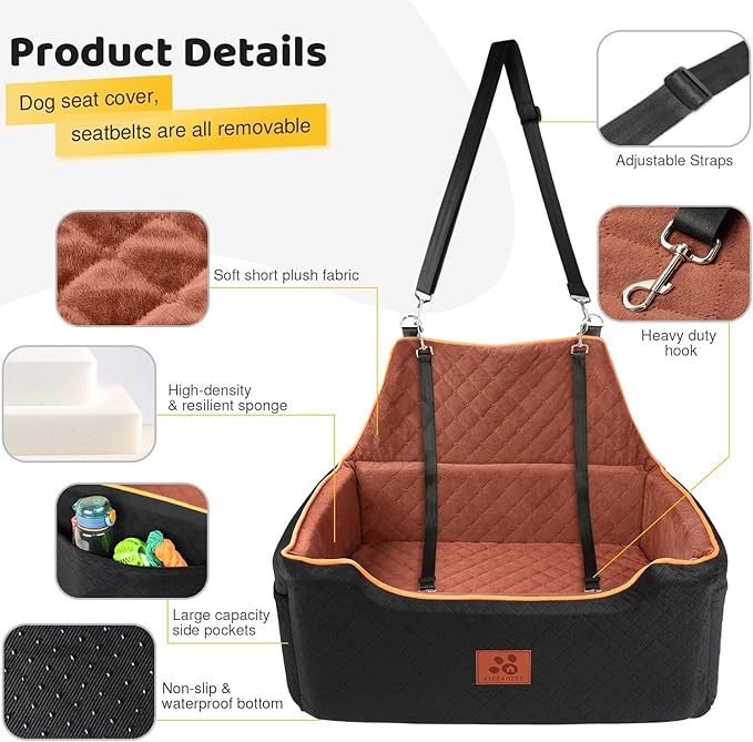 XIEEAOZEE Dog Car Seat for Large/Medium Dog, Booster Seat for Dogs Under 55Lbs or 2 Small, Detachable and Washable Travel Pet Seat with Thick Cushion and Storage Pockets (Black/Brown)