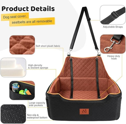 XIEEAOZEE Dog Car Seat for Large/Medium Dog, Booster Seat for Dogs Under 55Lbs or 2 Small, Detachable and Washable Travel Pet Seat with Thick Cushion and Storage Pockets (Black/Brown)