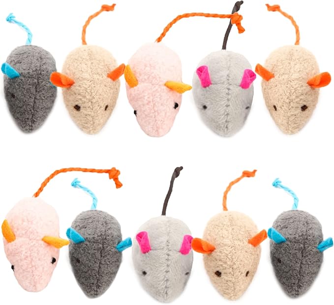 SunGrow Cat Catnip Mice Toys, Furry Plush for Hunting and Pouncing Instinct, 2”, Interactive, Encourages Agility, Coordination, Fun for Hours, Multicolor, 10 Pcs per Pack