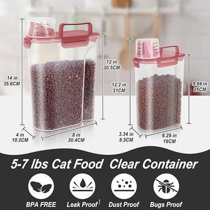 5-7Lbs Dog Cat Food Storage Container with Upgraded Large Nozzle BPA-free, 4 Snap Seals Plastic Pet Food Storage Containers with Handles (Clear Pink, (5L+3L) 2pack)