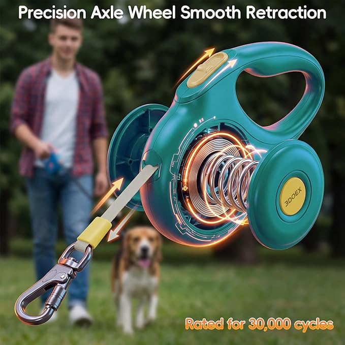 Retractable Dog Leash 16FT for Small & Medium Dogs, Sturdy Heavy-Duty Nylon Tape with Secure Locking Carabiner & Poop Bag Holder, Smooth One-Hand Control, Anti-Slip Handle, Tangle-Free Design (Green)