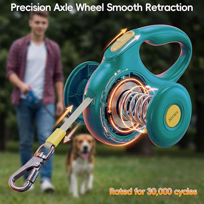 Retractable Dog Leash 10FT for Small & Medium Dogs, Sturdy Heavy-Duty Nylon Tape with Secure Locking Carabiner & Poop Bag Holder, Smooth One-Hand Control, Anti-Slip Handle, Tangle-Free Design (Green)