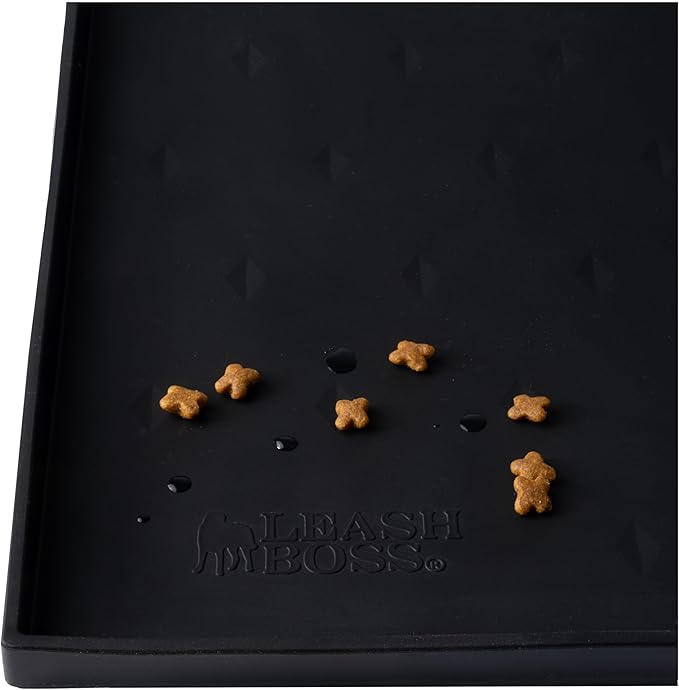 Leash Boss Waterproof Spill Guard Dog & Cat Silicone Dog Food Mat - Non-Slip Raised Edge Dog Bowl Mat - Waterproof Spill Guard Cat Food Tray - 25 x 17 in, Black