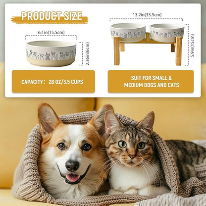 Elevated Ceramic Cat Bowls with Wooden Stand，6.1inch Raised Cat Bowls with Cute Pattern for Small and Medium Breed Dogs and Cats,2 Pack Cats Food and Water Bowl Set,Weighted Pet Dishes Dishwasher Safe