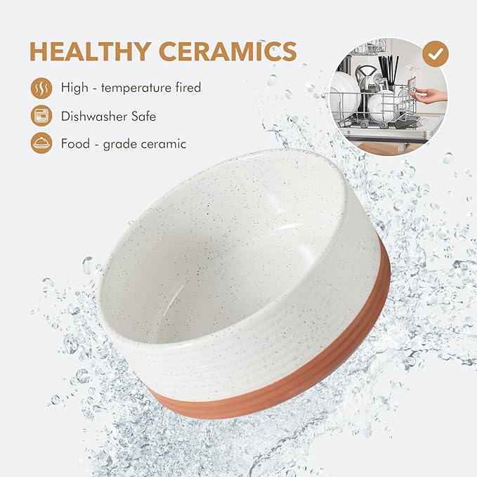 Ceramic 7.3inch Raised Double Dog Bowls Set with Acacia Wood Stand, Food & Water Bowls for Medium Breed Dogs, Weighted Pet Dishes(41oz, Vanilla White)