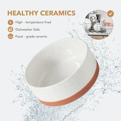 Ceramic 7.3inch Raised Double Dog Bowls Set with Acacia Wood Stand, Food & Water Bowls for Medium Breed Dogs, Weighted Pet Dishes(41oz, Vanilla White)