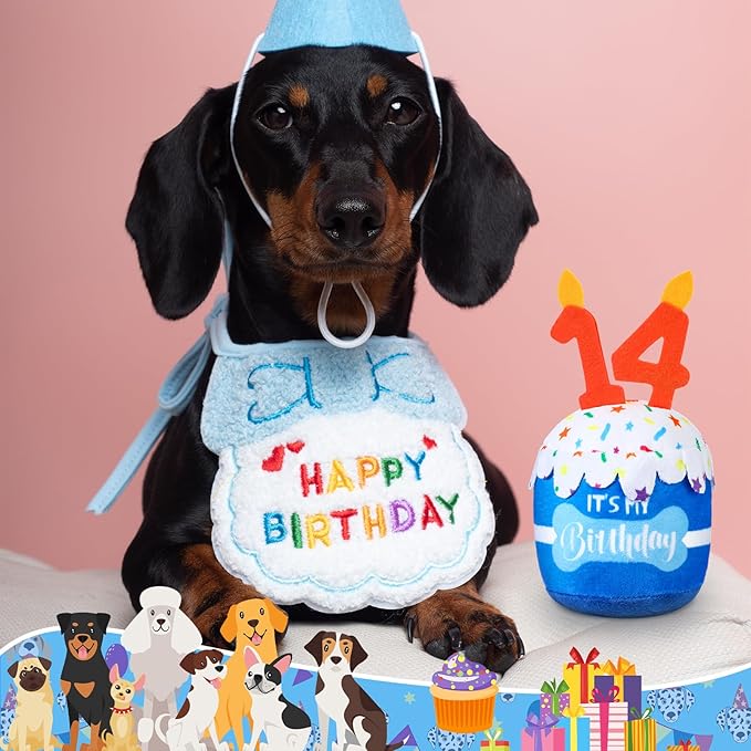 Dog Birthday Cake Toy Accessories for Girl Boy Gifts, Squeaky Plush Toy for Dog Birthday Party Decor Favor for Large, Medium and Small Dogs(14th,Blue)