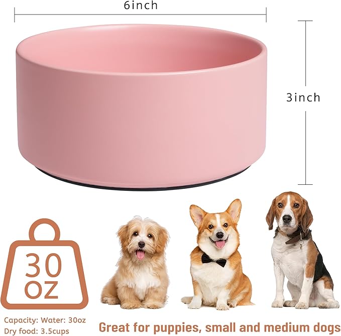 Dog Bowls, Non Slip Ceramic Dog Food and Water Bowl with Silicone Base, Heavy Pet Feeding Bowl for Puppies, Small and Medium Dogs (Pink, 6 Inches)