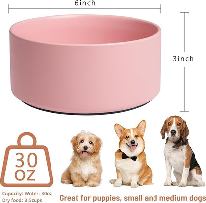 Dog Bowls, Non Slip Ceramic Dog Food and Water Bowl with Silicone Base, Heavy Pet Feeding Bowl for Puppies, Small and Medium Dogs (Pink, 6 Inches)