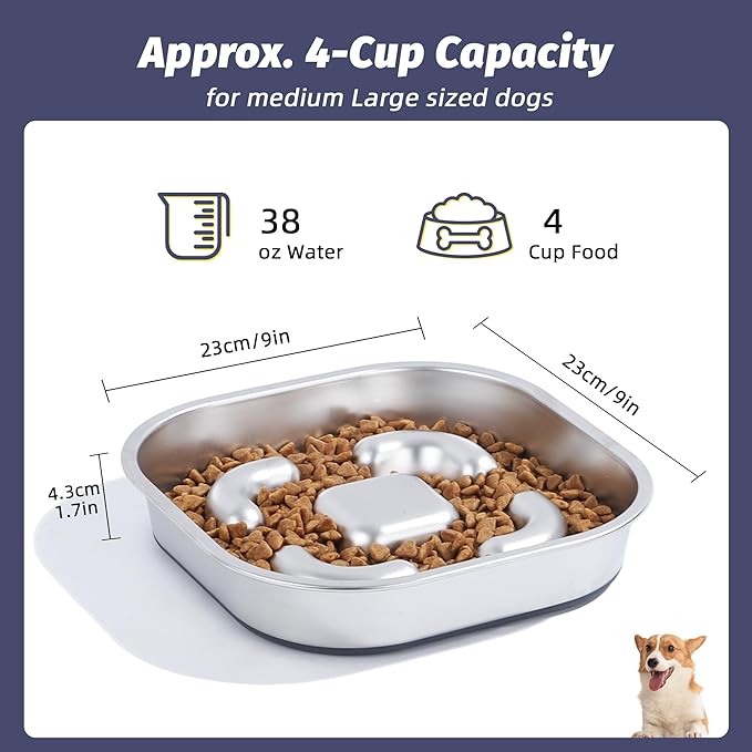 Nicelock Slow Feeder Dog Bowls 304 Stainless Steel 5 Cups, Large Capacity Dog Food Slow Feeding With Non-Slip Rubber Base, 2-in-1 Slow Feeder Metal Dog Bowl for All Breeds Size