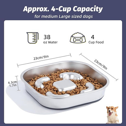 Nicelock Slow Feeder Dog Bowls 304 Stainless Steel 5 Cups, Large Capacity Dog Food Slow Feeding With Non-Slip Rubber Base, 2-in-1 Slow Feeder Metal Dog Bowl for All Breeds Size