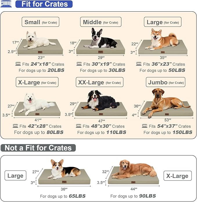 Outdoor Dog Bed for Small Dogs, Waterproof Dog Crate Bed for Medium Dogs Cats, Orthopedic Egg Crate Foam Pet Bed with Washable Removable Oxford Cover, Khaki