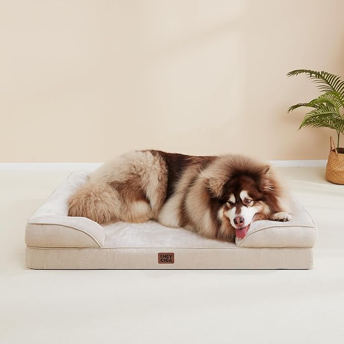 EHEYCIGA Orthopedic Dog Beds for Extra Large Dogs, Waterproof Memory Foam XL Pet Bed with Sides, Non-Slip Bottom and Egg-Crate Foam Big Dog Couch Bed with Washable Removable Cover, Beige