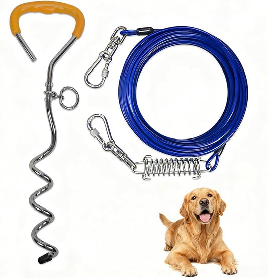 Dog Tie-Out Cable and Stake, 30 FT Heavy Duty Dogs Lead Cable with Detachable Shock Spring, Ideal for Yard, Camping and Beach, Suitable for Small Medium Large