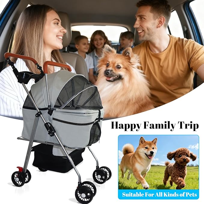 Pet Stroller 5 in 1 Foldable Pet Travel Carrier Absorption System, Dog Stroller for Medium Dogs 20 lbs Detachable Carrier Suitable for Car Seat & Hand Carry Dog Strollers for Small Dogs(Grey)