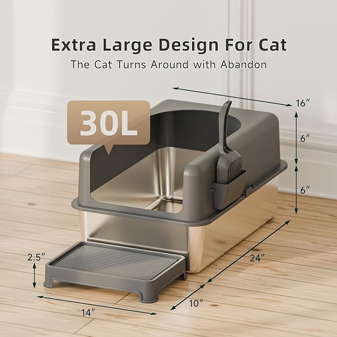 High-Sided Stainless Steel Cat Litter Box,Stainless Steel Litter Box with Lid,Extra Large Cat Toilet, Easy-to-Clean Metal Litter Pan for Cats (24''L X 16''W X 12''H with Scoop&mat)