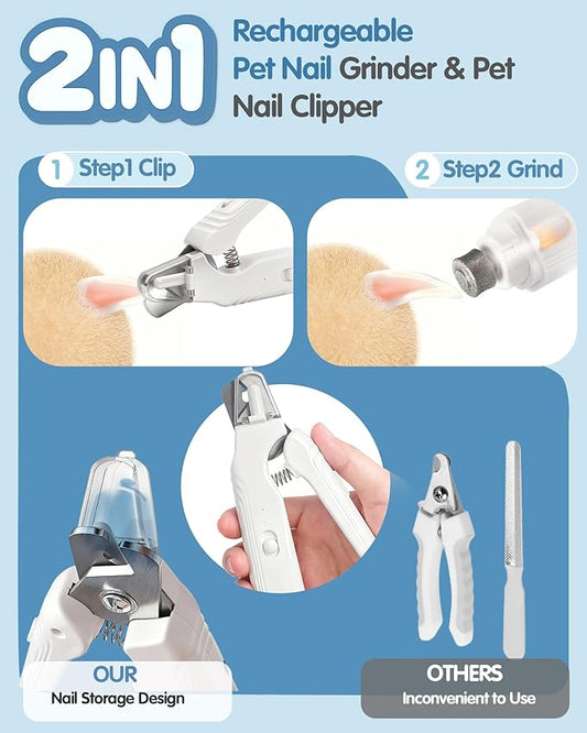 2 in 1 Dog Nail Clippers & Dog Nail Grinder for Large Medium Small Dogs Cats Claw Trimmer with 2 LED Lights & Splash Guard, Ultra-Quiet, USB Rechargeable Pet Claw Care Grooming