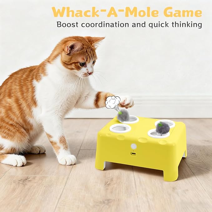 Cheese Box Interactive Cat Toy for Indoor Cats, 3-in-1 Whack a Mole Feather Toy, 3 Modes Rechargeable Auto Cat Toys for Bored Cats, 4 Holes Kitten Toy, 4 Accessories (Yellow)
