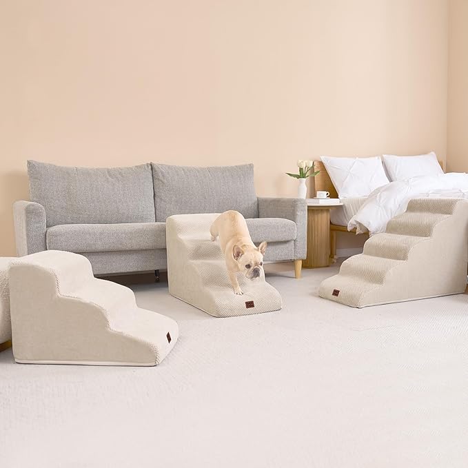 EHEYCIGA Curved Dog Stairs Ramp for High Beds 19.7" H, 4-Step Dog Steps for Small Dogs and Cats, Pet Stairs for High Bed Climbing, Non-Slip Balanced Pet Step Indoor, Beige