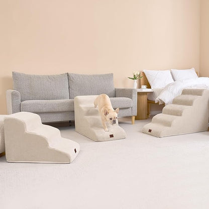 EHEYCIGA Curved Dog Stairs Ramp for High Beds 19.7" H, 4-Step Dog Steps for Small Dogs and Cats, Pet Stairs for High Bed Climbing, Non-Slip Balanced Pet Step Indoor, Beige