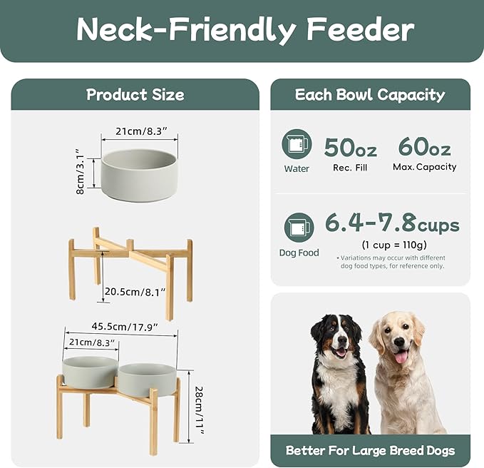 Ceramic Raised Double Bowls Set with Stand, Food & Water Bowls for Large Breed Dogs, Weighted Dog Dishes, Pet Bowl(8.2'',60OZ, Grey)