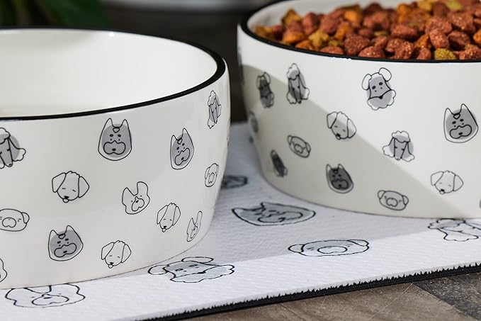 Pearhead Ceramic Dog Bowl Extra Large 8 Cup – Puppy Faces Pattern, Durable Heavyweight Pet Food & Water Bowl, Neutral Modern Design, XL 64 oz