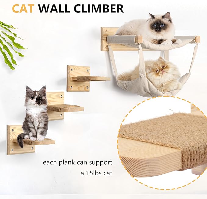 Wall-Mounted Cat Furniture with Double Hammock & Sisal Steps – Vertical Multi-Level Activity Center for Cats – Cozy Indoor Climbing Shelf, Perch, Playground & Scratching Steps