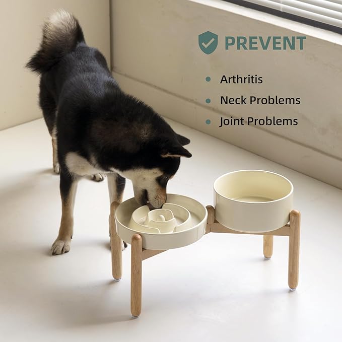 Ceramic Raised Slow Feeder Dog Bowl Set, Elevated 7.3inch Bowl and 8.2inch Puzzle Slow Dish with Wooden Stand for Medium and Large Dog, Anti-Gulping (2X Light Yellow+ Stand)