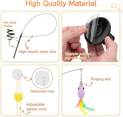 Interactive Cat Toys, 15PCS Cat Wand and Feather Toys for Indoor Cats, Reusable Suction Cup Toys for Kittens Play Exercise
