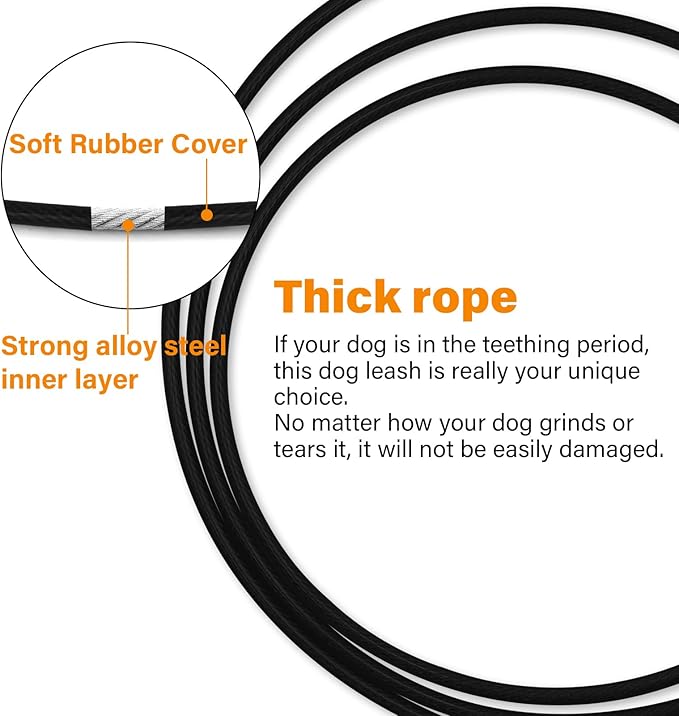 4FT Heavy Duty Dog Leash with Chew Proof Handle, Stainless Wire Cable Training Leash for Large Medium Dogs - Black