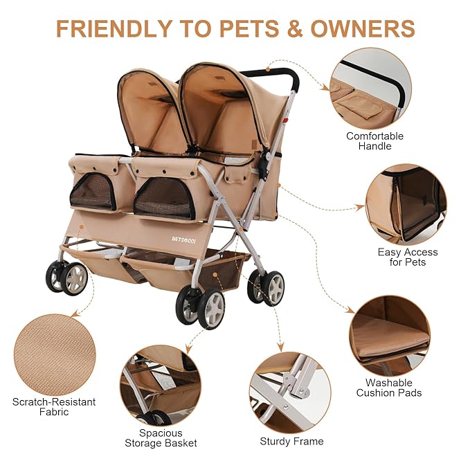 Double Pet Stroller for 2 Small Dogs & Cats, Side-by-Side Twin Travel Carriage with Safety Leashes, Mesh Windows & Double Storage Baskets, Lightweight & Foldable, 44lbs Capacity, White