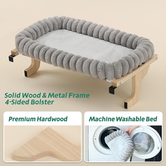 Zakkart SnugCloud Cat Window Perch with 4-Sided Bolster - Large Cat Hammock for Window Sill - Solid Hardwood & Metal Frame - Window Seat for Pets (Natural Color Wood w/Gray Bed, Large)