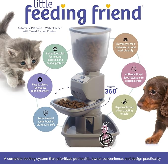 Feeding Friend® Automatic Dog & Cat Food Feeder with Water Dispenser –Smart Pet Feeder with Portion Control, OLED Display, Anti Jam Design, Battery Operated Dispenser for Small - (XS) Pets 4-15 Taupe