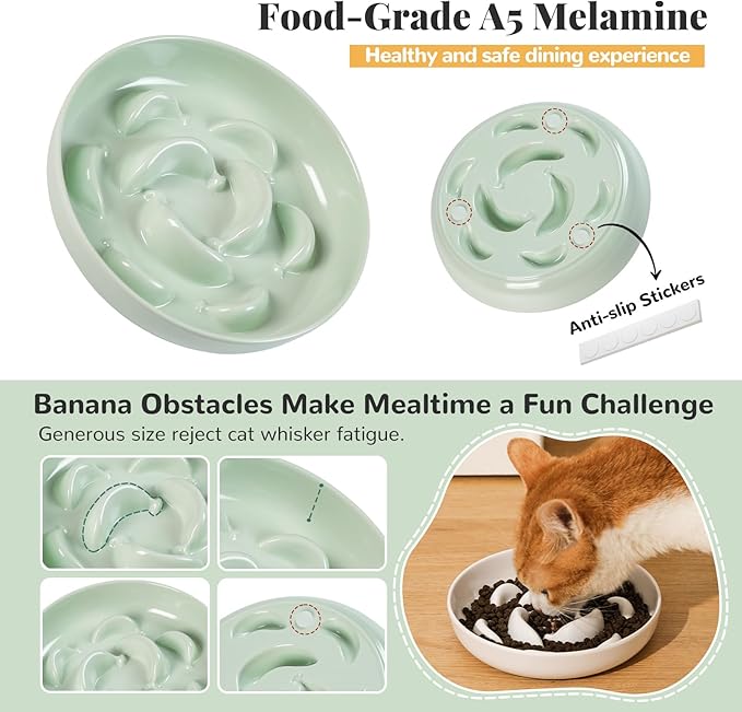 Melamine Cat Slow Feeder Bowl - Pastel Series Cat Plate for Dry and Wet Food - Cute Maze Feeder Dish for Healthy Eating - Dishwasher Safe - 6.3''W x 1.2''H - 7 OZ - Ivory White