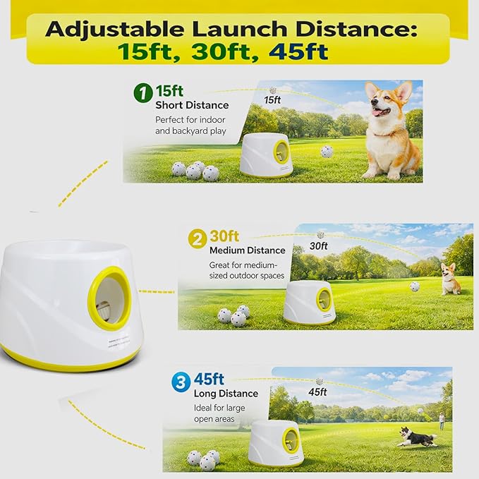Automatic Dog Ball Launcher for Small Dogs & Medium Dogs, Interactive Fetch Machine with 3 Launch Distances (15–45 FT), USB Rechargeable, Includes 6 ETPU Balls