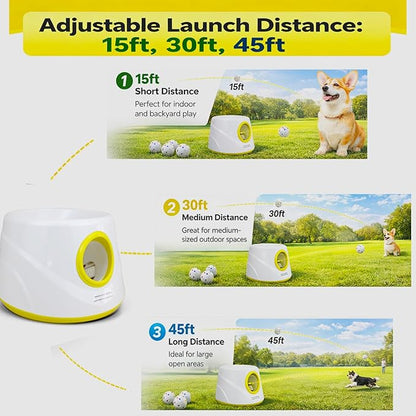 Automatic Dog Ball Launcher for Small Dogs & Medium Dogs, Interactive Fetch Machine with 3 Launch Distances (15–45 FT), USB Rechargeable, Includes 6 ETPU Balls