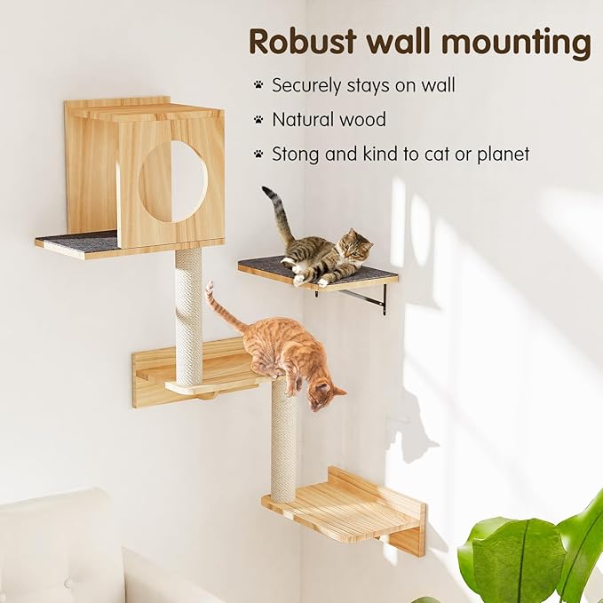 Wall Mounted Cat Tree 47” Tall, Cat Activity Tree Tower Set: Scratching Post, Climbing Step and Interior Bed Area, Wooden Handcrafed Cats Wall Shelves for Sleeping Playing Lounging Perching