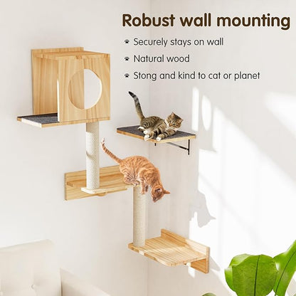 Wall Mounted Cat Tree 47” Tall, Cat Activity Tree Tower Set: Scratching Post, Climbing Step and Interior Bed Area, Wooden Handcrafed Cats Wall Shelves for Sleeping Playing Lounging Perching